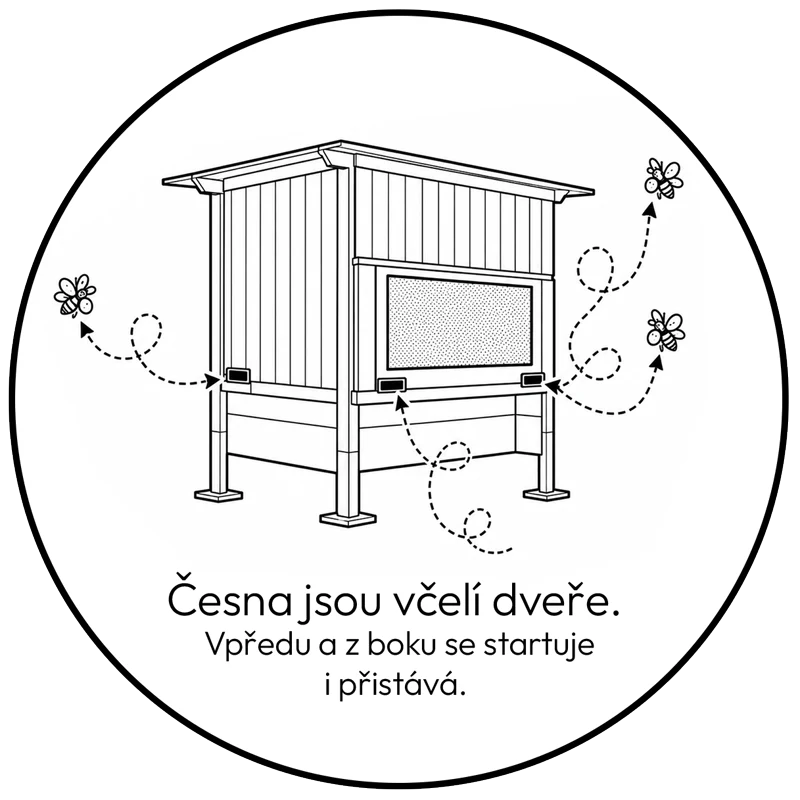 Česna jsou včelí dveře. Vpředu a z boku se startuje i přistává.